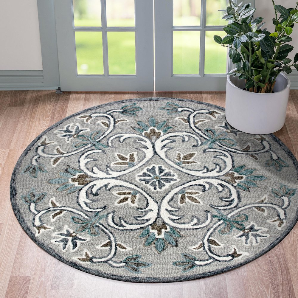 Traditional Floral Filigree Round Rug. Picture 6