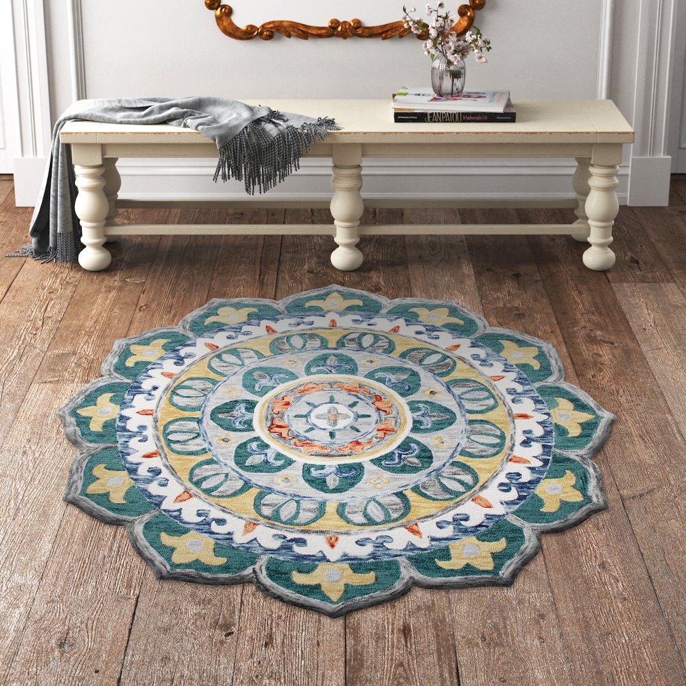 Hand Hooked Radiant Mandala Medallion Round Rug. Picture 6