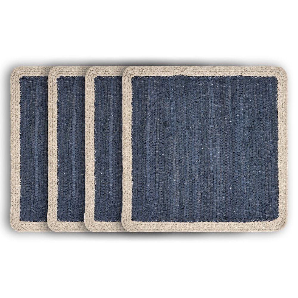 Vitality Indigo Bordered Hand-Loomed Square Placemat, Set of 4. Picture 1