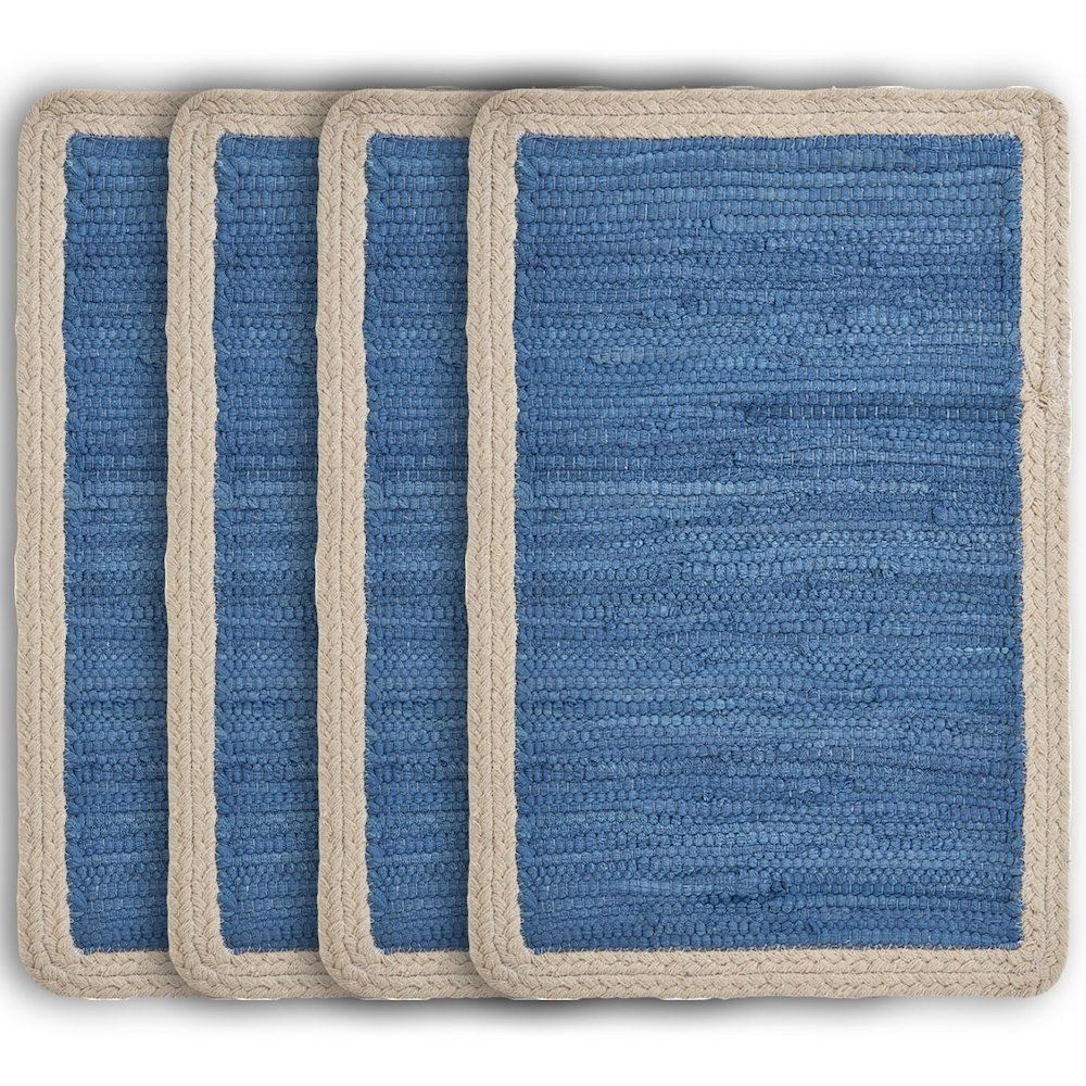 Vitality Blue Bordered Hand-Loomed Rectangular Placemat, Set of 4. Picture 1