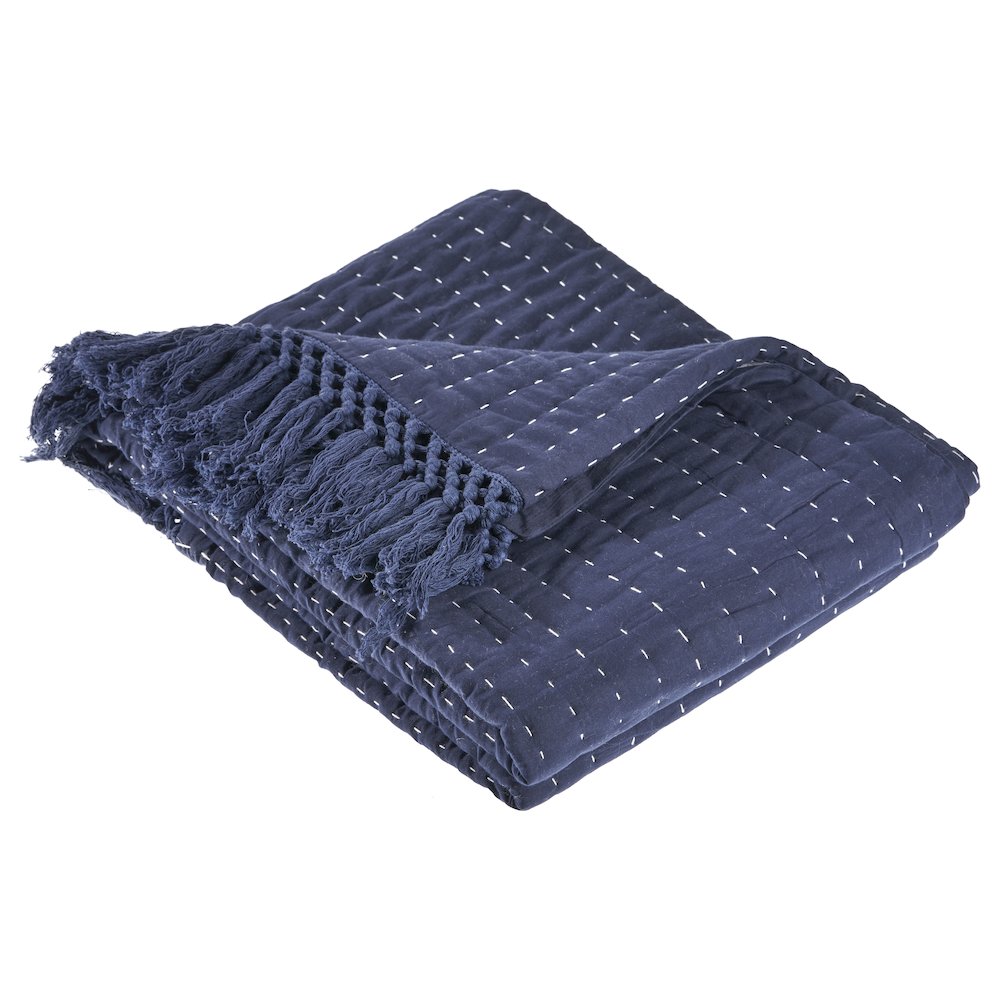 Blue Solid Hand-Woven All-Natural Cotton Throw Blanket. Picture 1