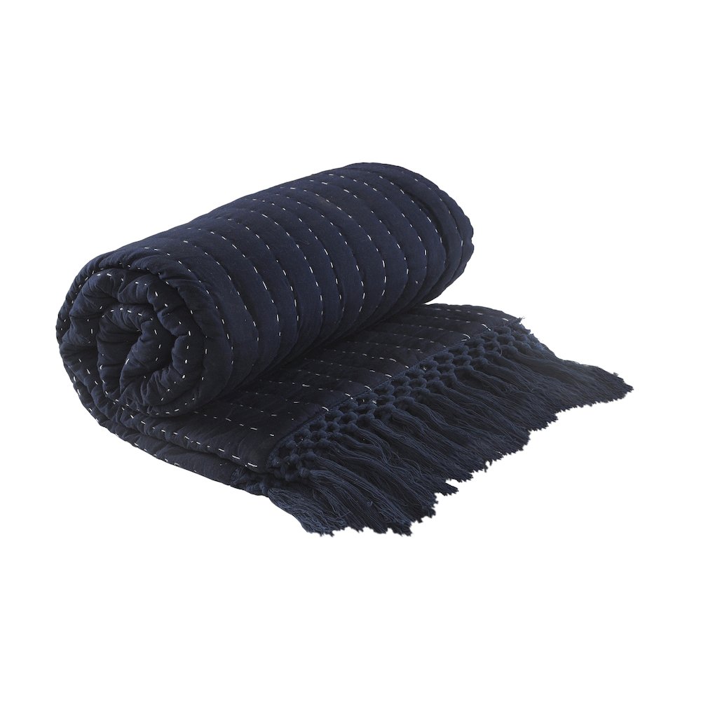 Blue Solid Hand-Woven All-Natural Cotton Throw Blanket. Picture 3