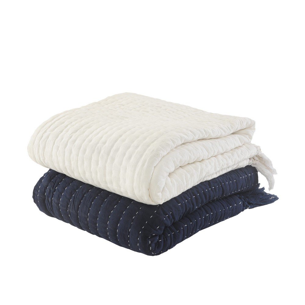 Blue Solid Hand-Woven All-Natural Cotton Throw Blanket. Picture 7