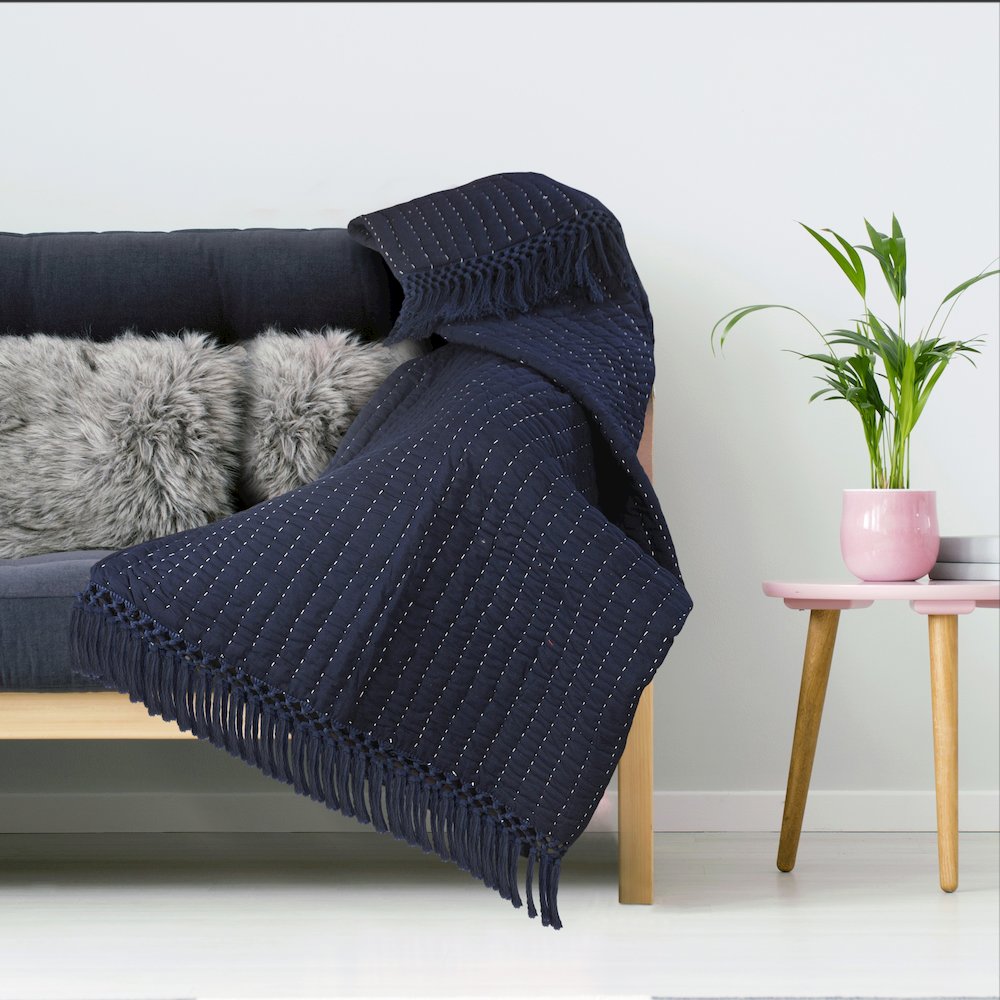 Blue Solid Hand-Woven All-Natural Cotton Throw Blanket. Picture 5