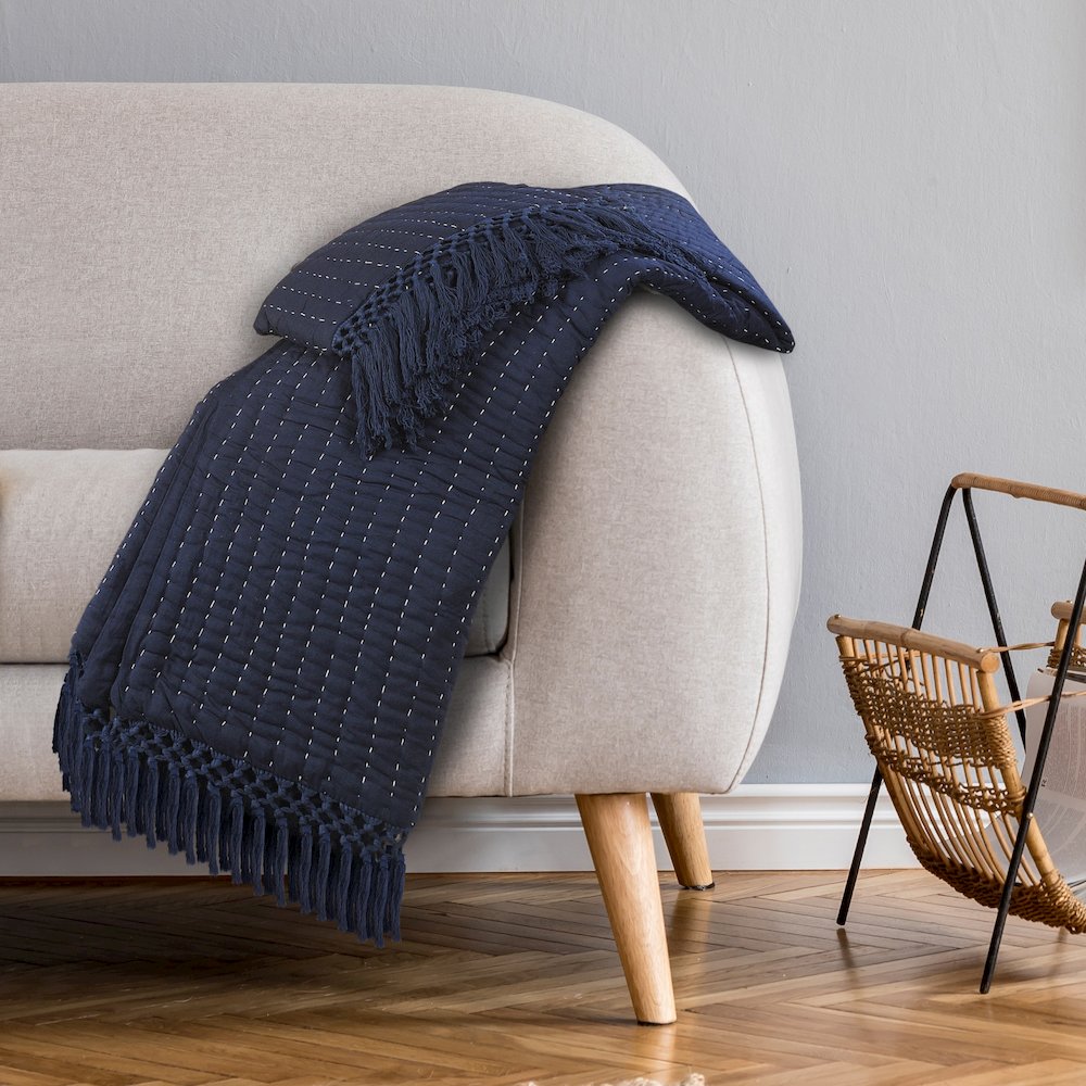 Blue Solid Hand-Woven All-Natural Cotton Throw Blanket. Picture 6