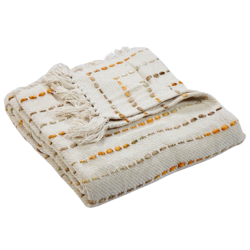 Cream/Yellow Striped Hand-Woven Cotton Blend Throw Blanket. Picture 1
