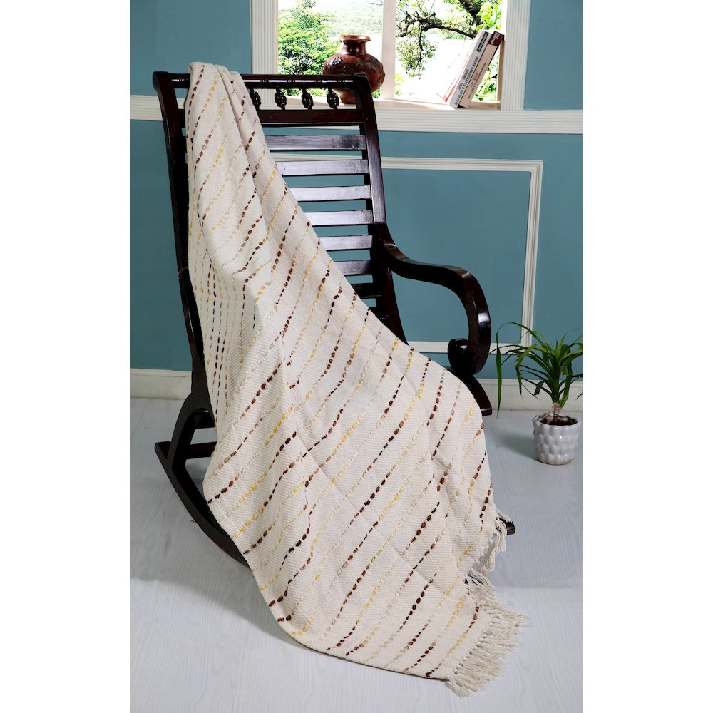 Cream/Yellow Striped Hand-Woven Cotton Blend Throw Blanket. Picture 4