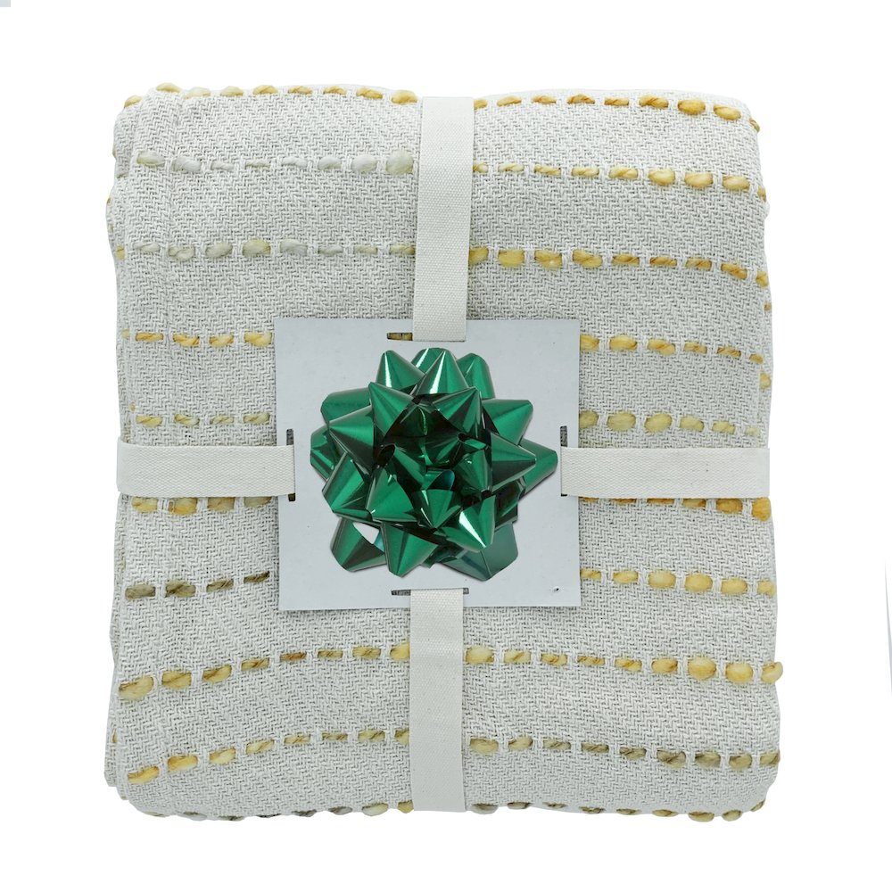 Cream/Yellow Striped Hand-Woven Cotton Blend Throw Blanket. Picture 6