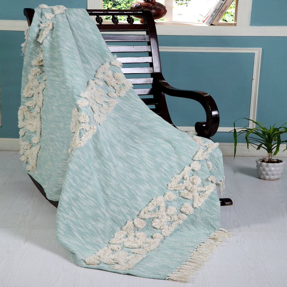 Blue/White Bordered Hand-Woven All-Natural Cotton Throw Blanket. Picture 3