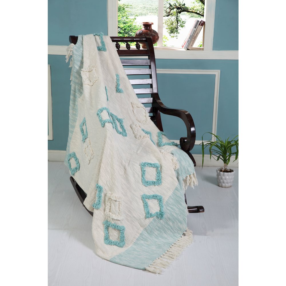 Blue/White Color Block Hand-Woven All-Natural Cotton Throw Blanket. Picture 3