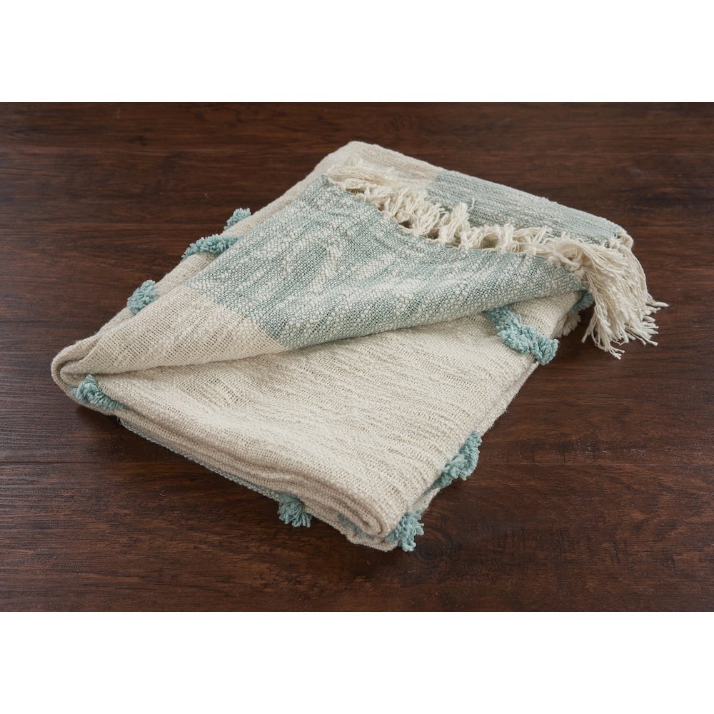 Blue/White Color Block Hand-Woven All-Natural Cotton Throw Blanket. Picture 4