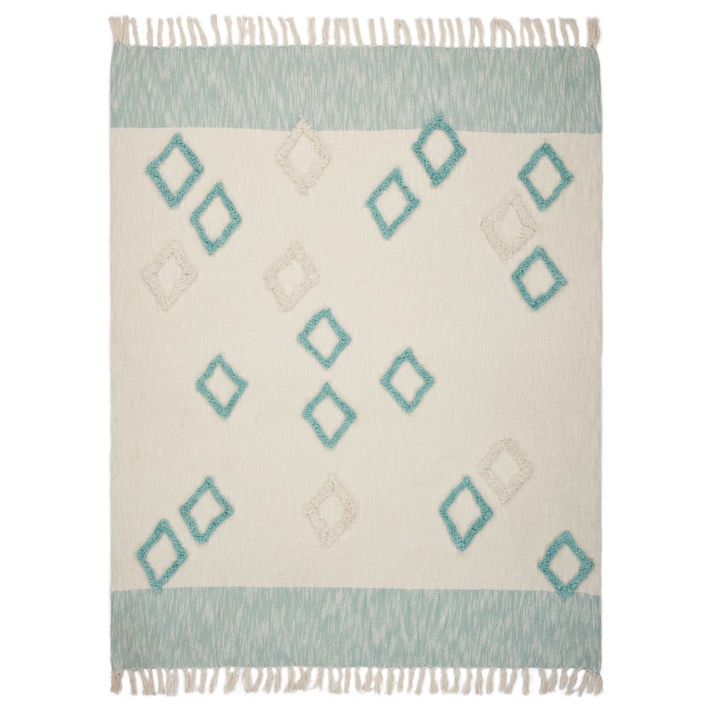 Blue/White Color Block Hand-Woven All-Natural Cotton Throw Blanket. Picture 2