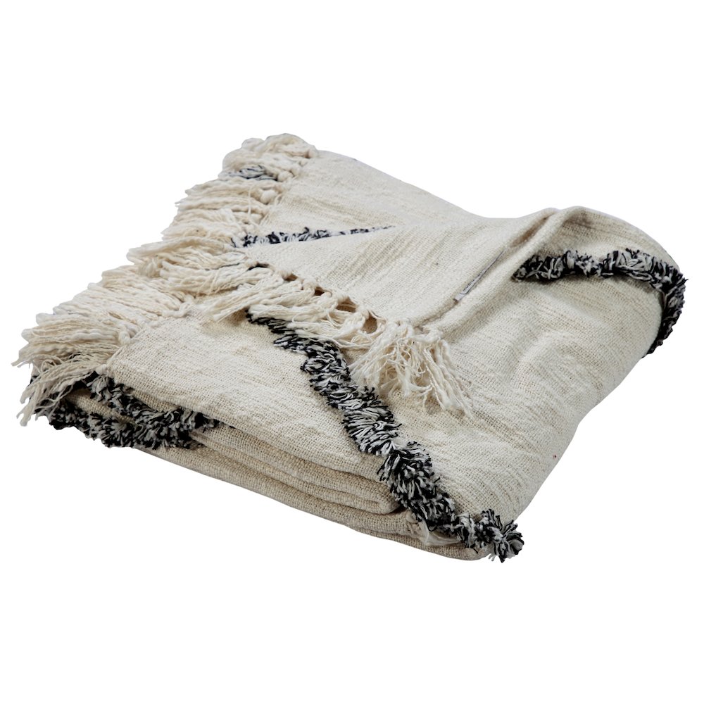 Cream/Black Geometric Hand-Woven All-Natural Cotton Throw Blanket. Picture 1
