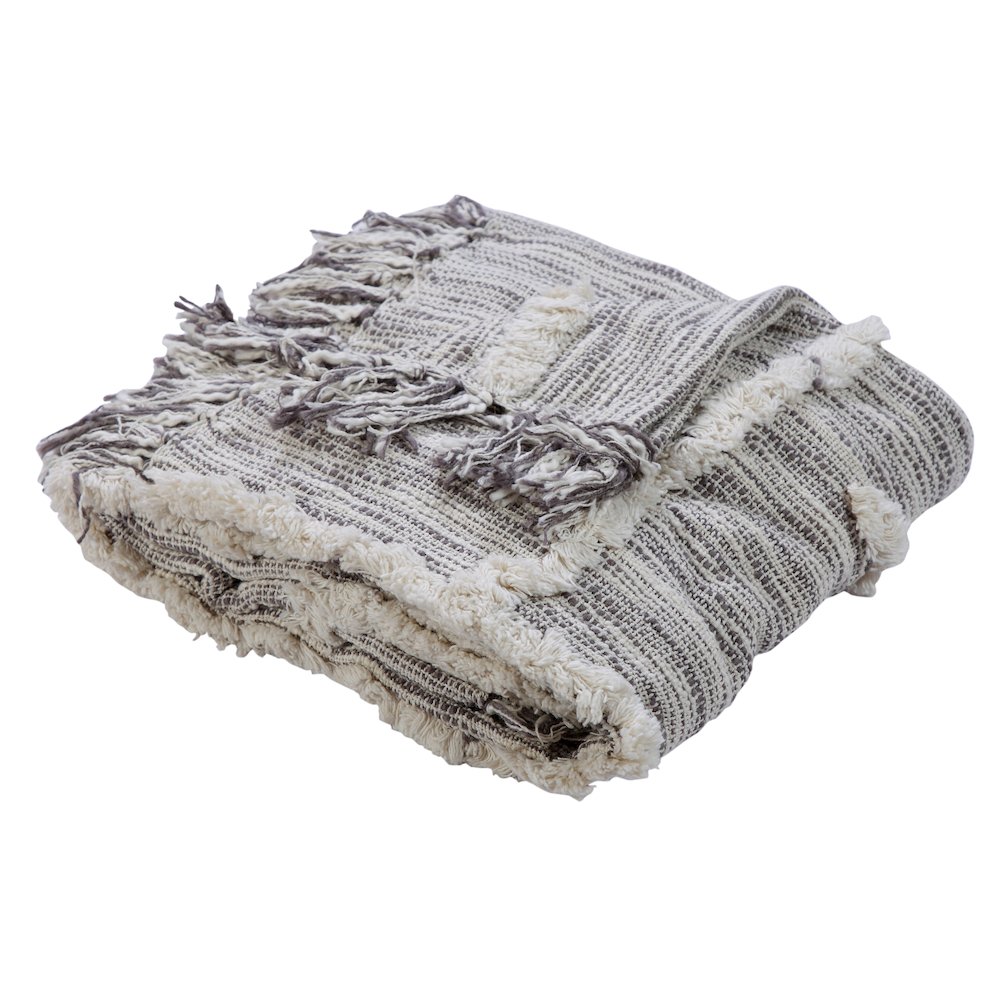 Grey/White Striped Hand-Woven All-Natural Cotton Throw Blanket. Picture 1