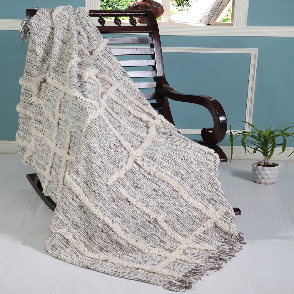 Grey/White Striped Hand-Woven All-Natural Cotton Throw Blanket. Picture 3