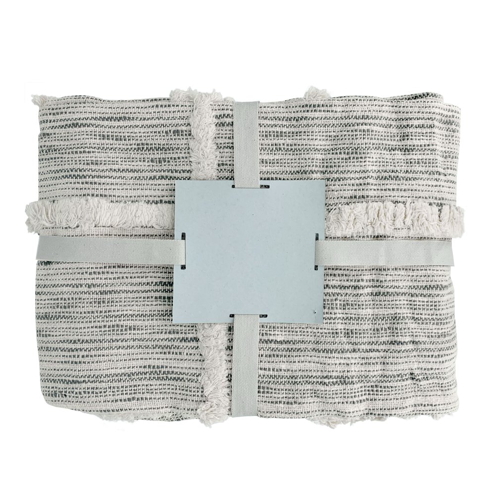 Grey/White Striped Hand-Woven All-Natural Cotton Throw Blanket. Picture 5