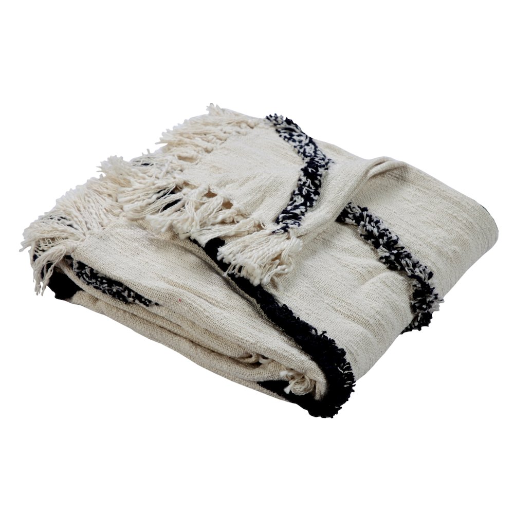 Avant-Garde Cream/Black Geometric Hand-Woven All-Natural Cotton Throw Blanket. Picture 1