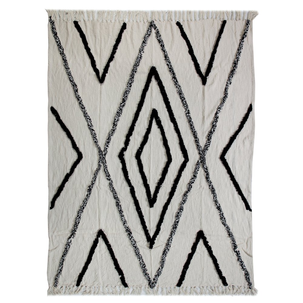 Avant-Garde Cream/Black Geometric Hand-Woven All-Natural Cotton Throw Blanket. Picture 2
