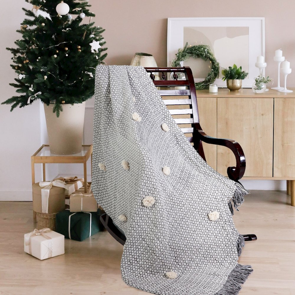 Grey/Black Diamond Hand-Woven All-Natural Cotton Throw Blanket. Picture 2