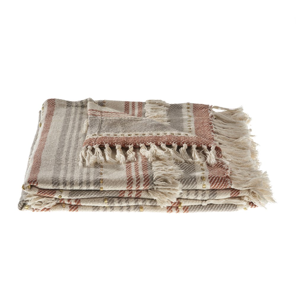 Beige/Red Striped Hand-Woven All-Natural Cotton Throw Blanket. Picture 1