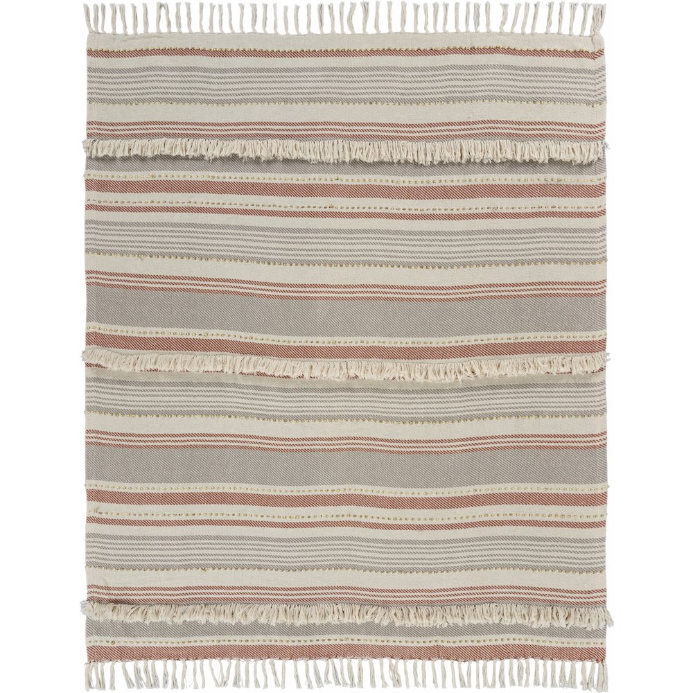 Beige/Red Striped Hand-Woven All-Natural Cotton Throw Blanket. Picture 2