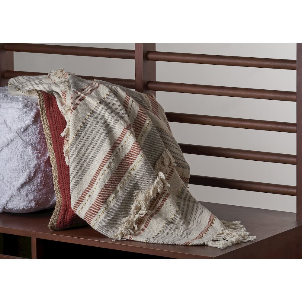 Beige/Red Striped Hand-Woven All-Natural Cotton Throw Blanket. Picture 3