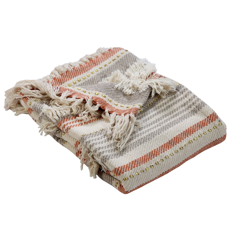 Beige/Red Striped Hand-Woven All-Natural Cotton Throw Blanket. Picture 4