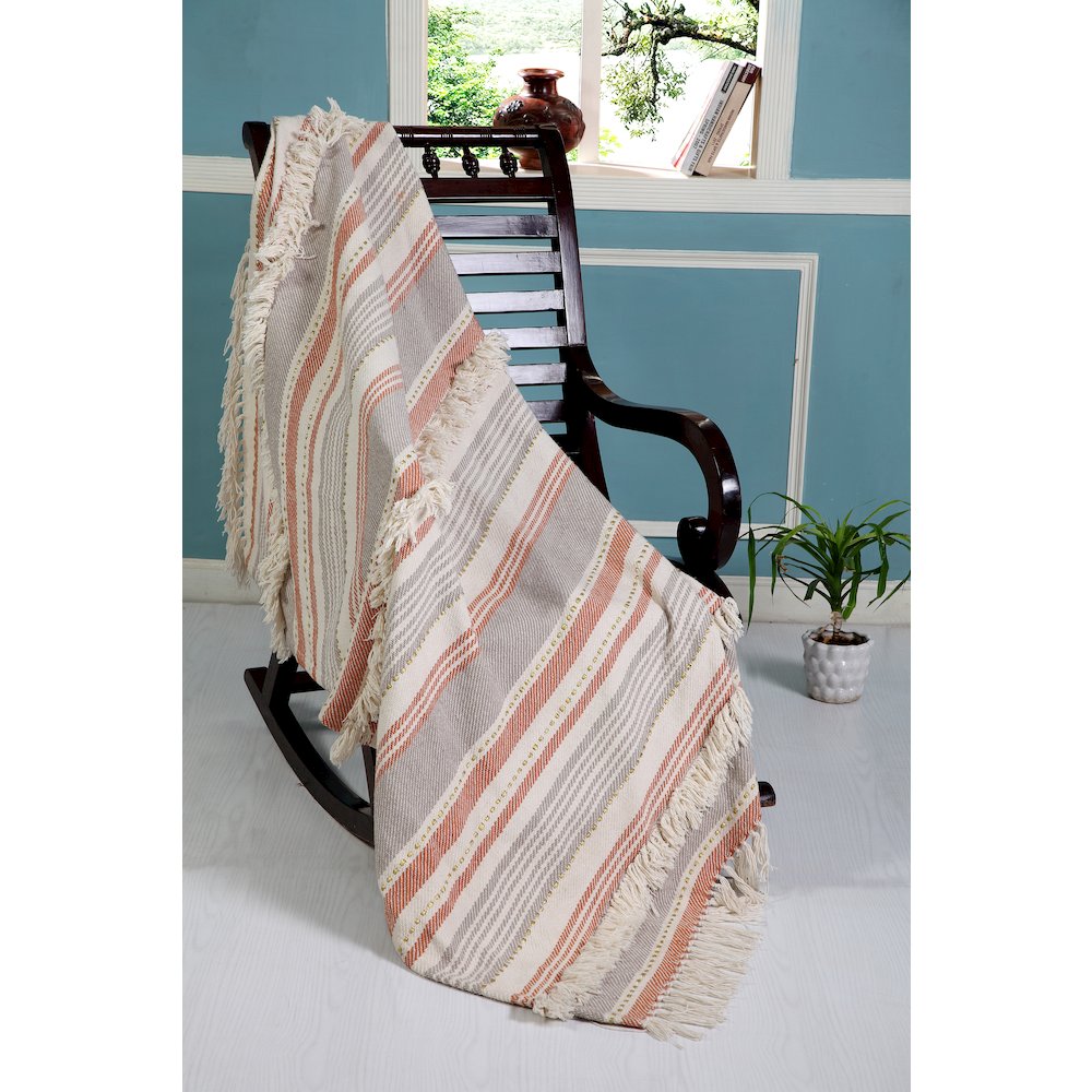 Beige/Red Striped Hand-Woven All-Natural Cotton Throw Blanket. Picture 5
