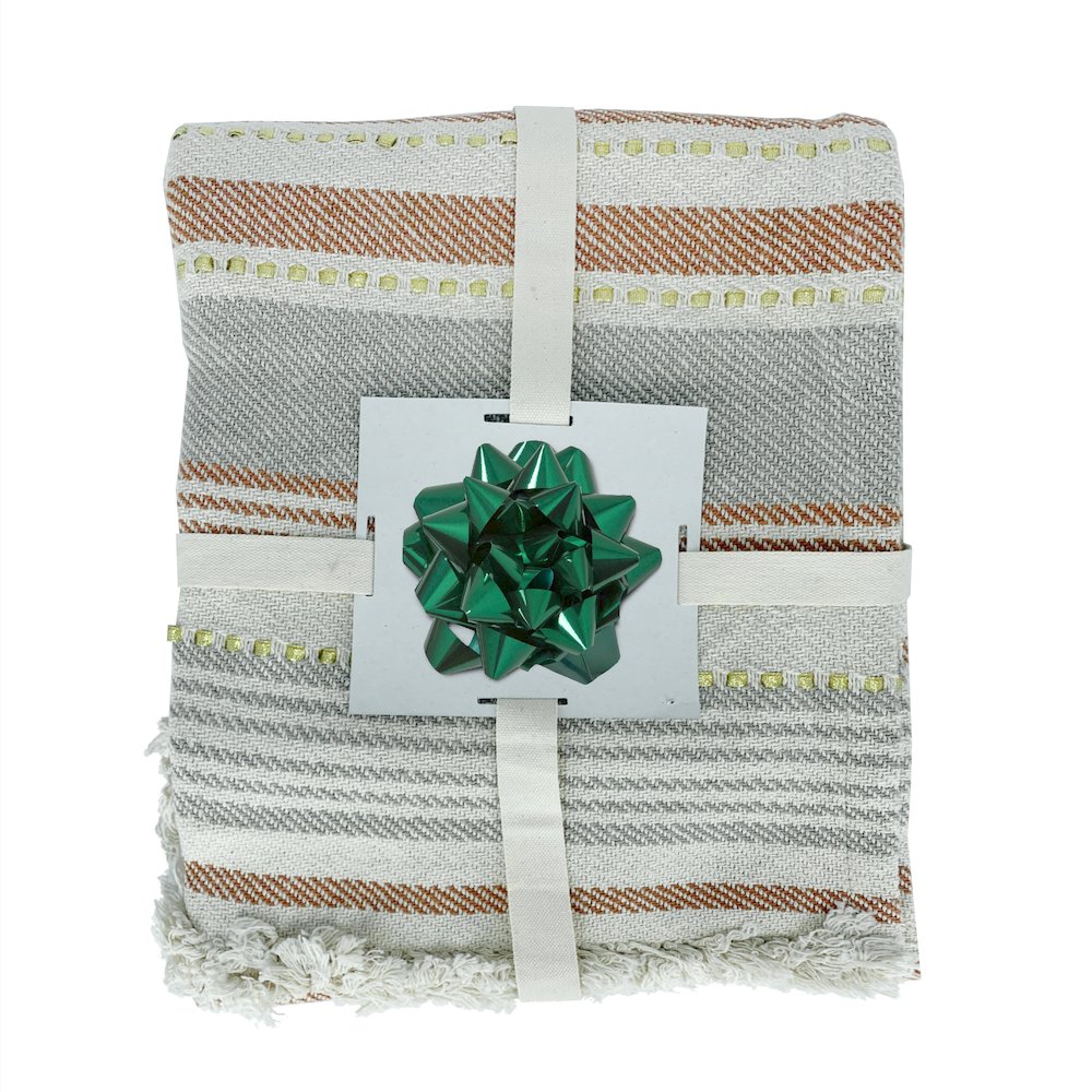 Beige/Red Striped Hand-Woven All-Natural Cotton Throw Blanket. Picture 6