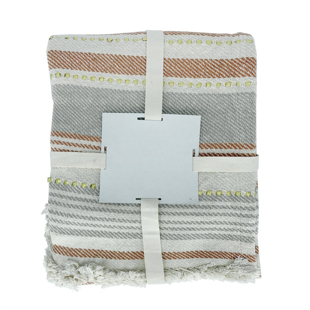 Beige/Red Striped Hand-Woven All-Natural Cotton Throw Blanket. Picture 7