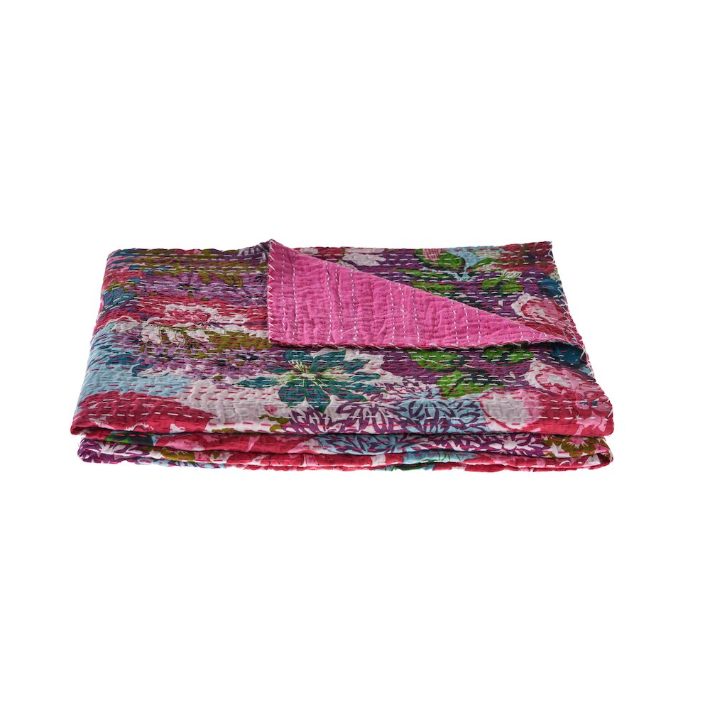 Pink Patchwork Hand-Stitched One-of-a-Kind Cotton Kantha Throw Blanket. Picture 1
