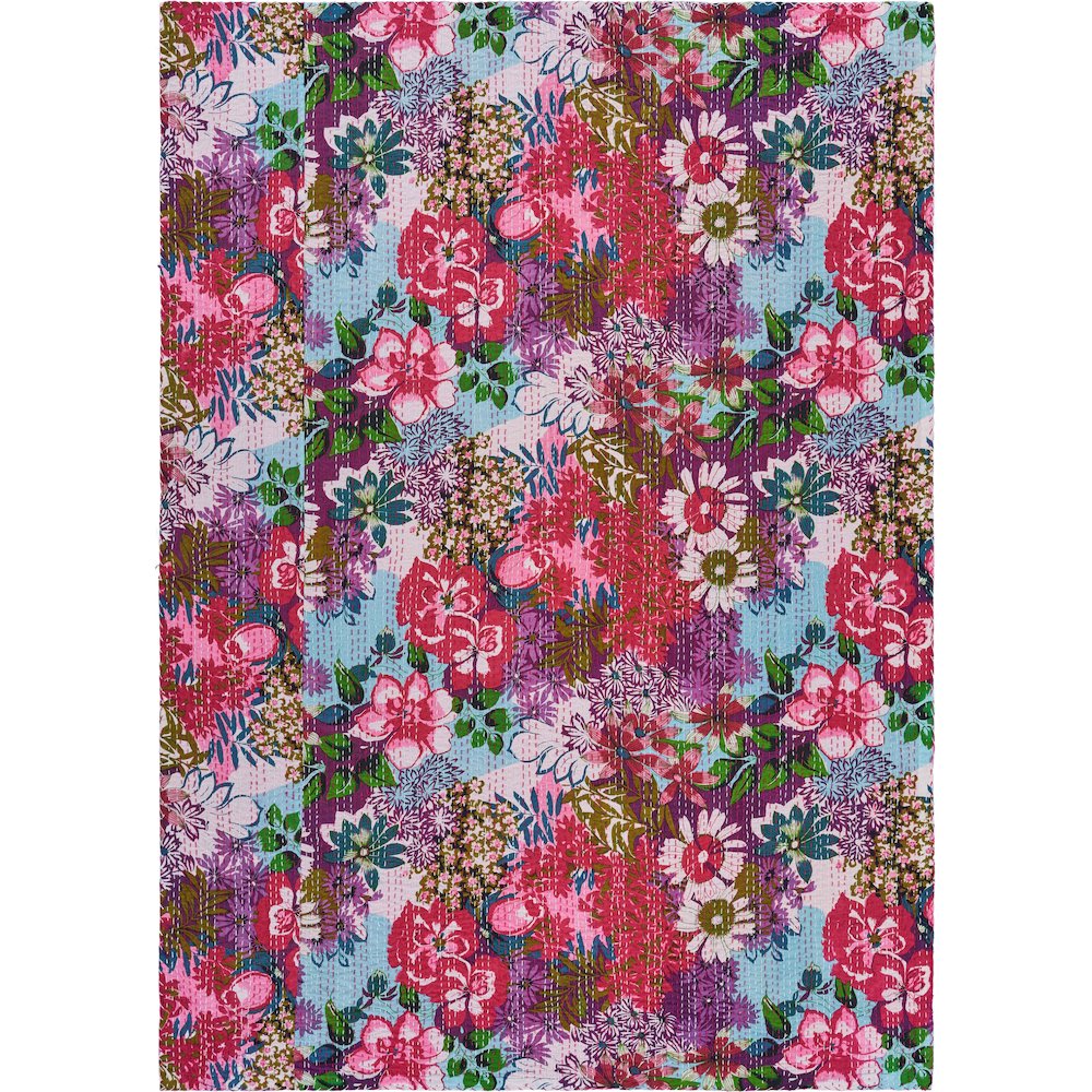 Pink Patchwork Hand-Stitched One-of-a-Kind Cotton Kantha Throw Blanket. Picture 2