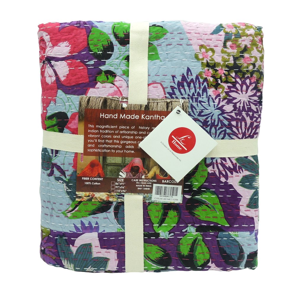 Pink Patchwork Hand-Stitched One-of-a-Kind Cotton Kantha Throw Blanket. Picture 5