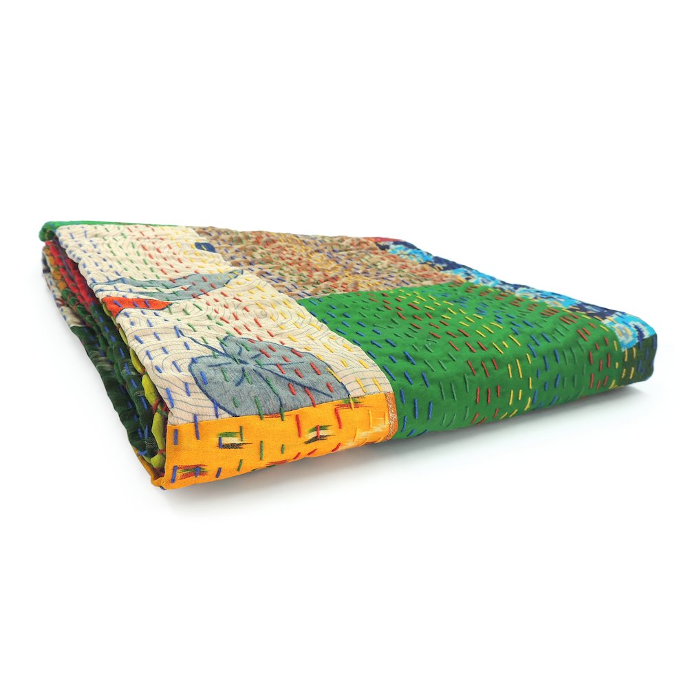 Multicolored Patchwork Hand-Stitched One-of-a-Kind Cotton Kantha Throw Blanket. Picture 3