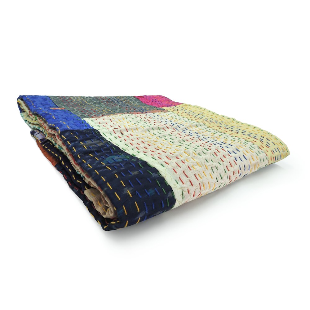 Multicolored Patchwork Hand-Stitched One-of-a-Kind Cotton Kantha Throw Blanket. Picture 4