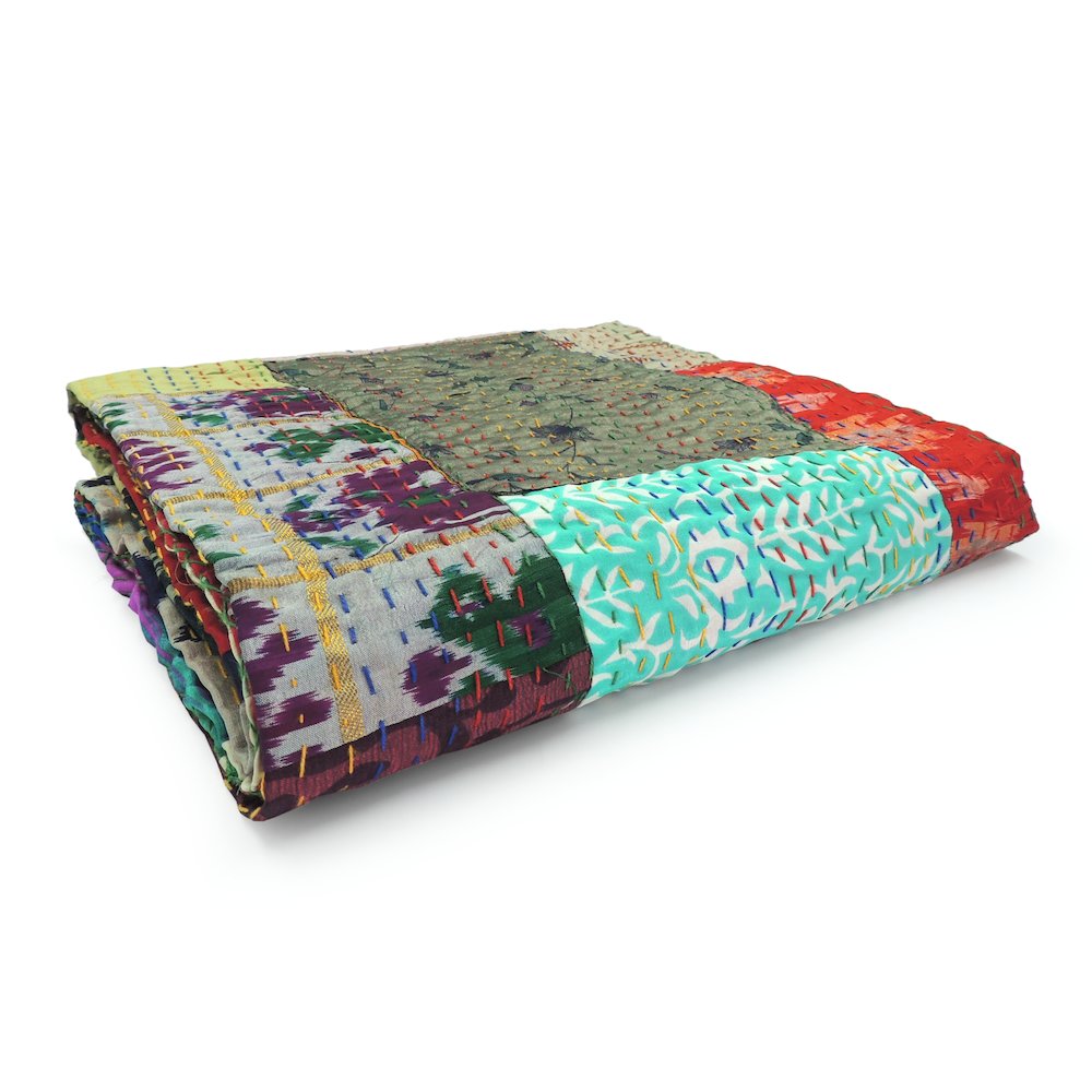 Multicolored Patchwork Hand-Stitched One-of-a-Kind Cotton Kantha Throw Blanket. Picture 5