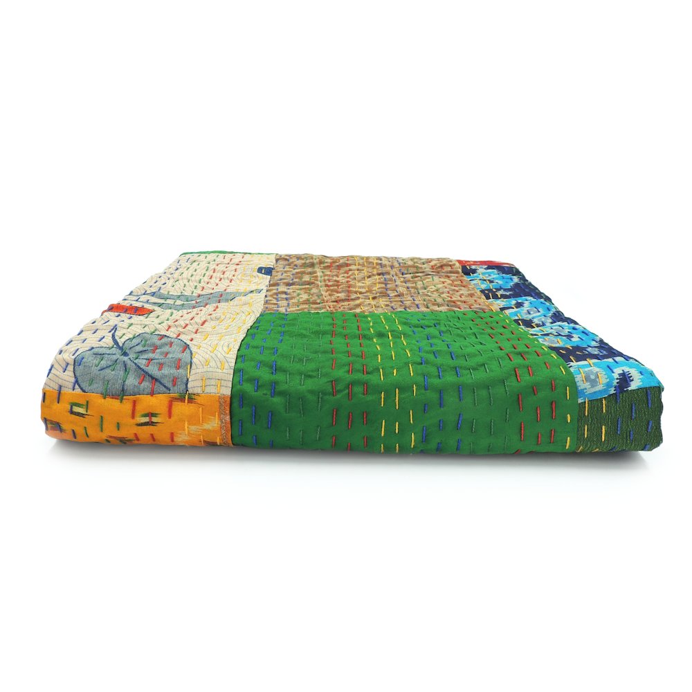 Multicolored Patchwork Hand-Stitched One-of-a-Kind Cotton Kantha Throw Blanket. Picture 6