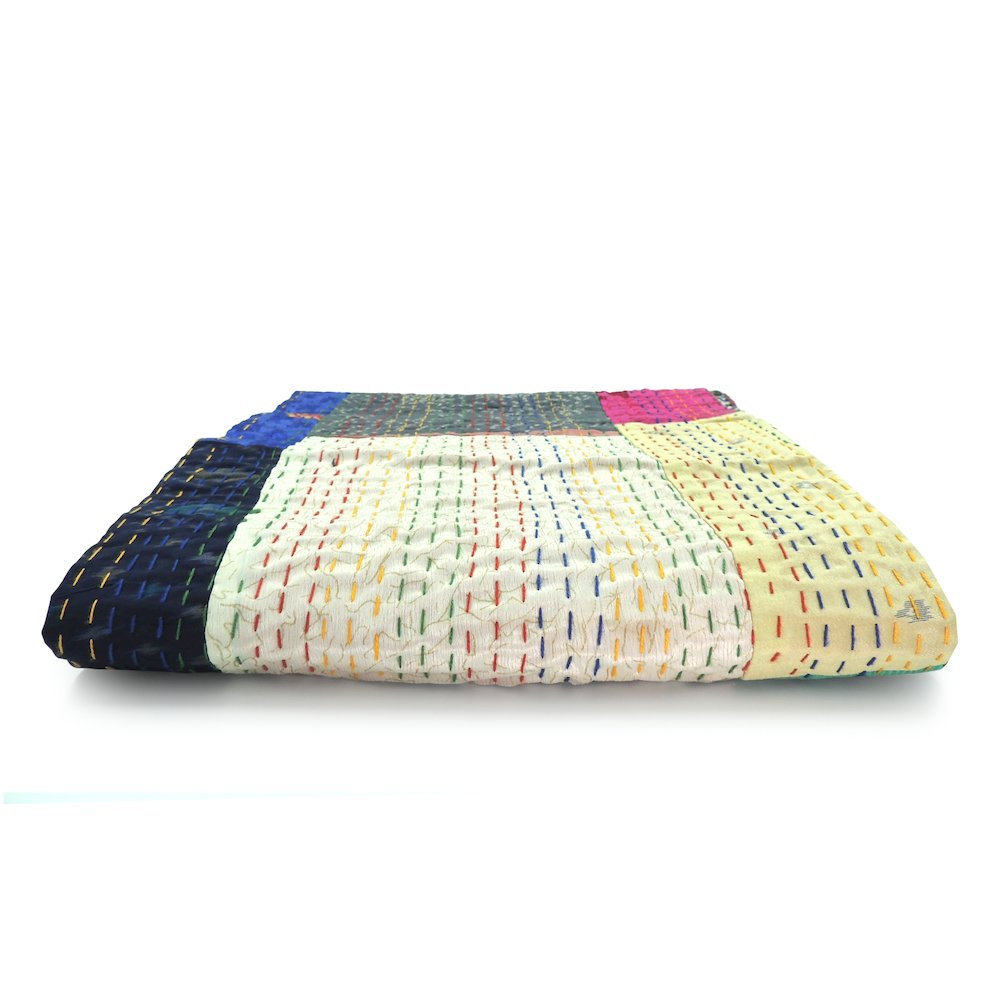 Multicolored Patchwork Hand-Stitched One-of-a-Kind Cotton Kantha Throw Blanket. Picture 7