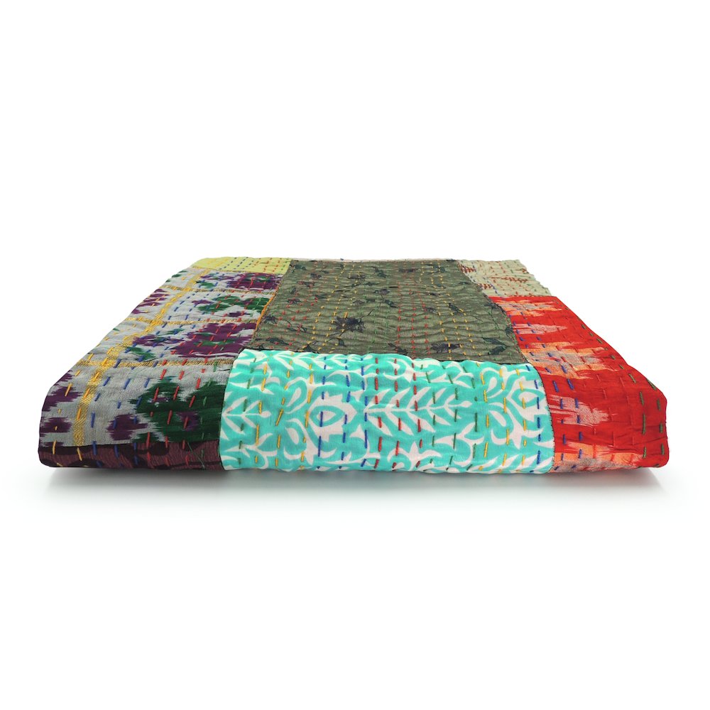Multicolored Patchwork Hand-Stitched One-of-a-Kind Cotton Kantha Throw Blanket. Picture 10