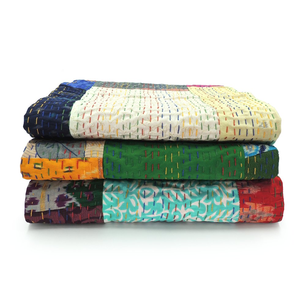 Multicolored Patchwork Hand-Stitched One-of-a-Kind Cotton Kantha Throw Blanket. Picture 8