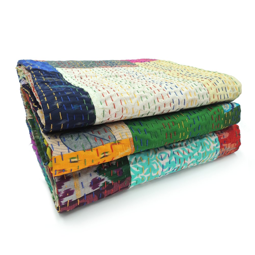 Multicolored Patchwork Hand-Stitched One-of-a-Kind Cotton Kantha Throw Blanket. Picture 9