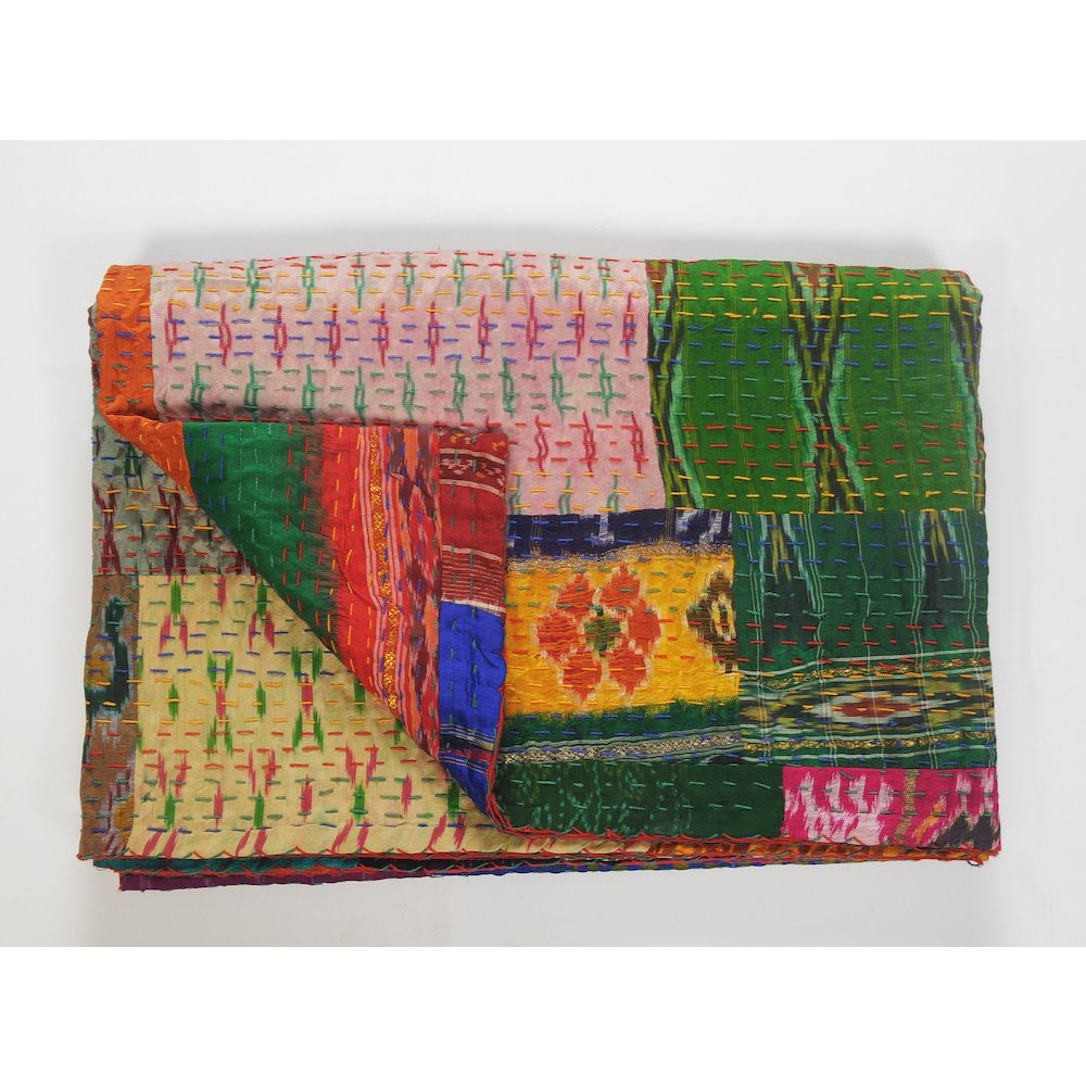 Multicolored Patchwork Hand-Stitched One-of-a-Kind Cotton Kantha Throw Blanket. Picture 1