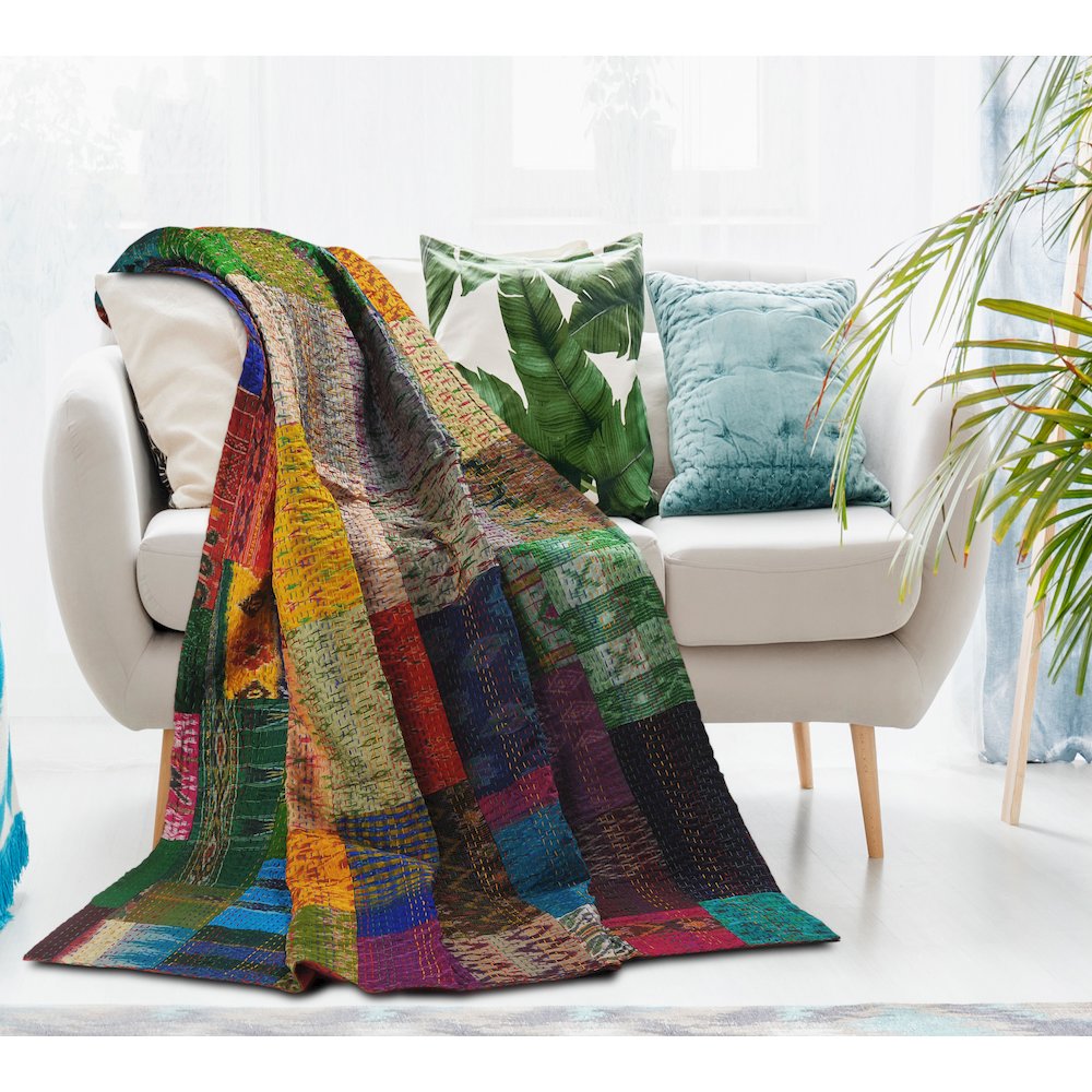 Multicolored Patchwork Hand-Stitched One-of-a-Kind Cotton Kantha Throw Blanket. Picture 2