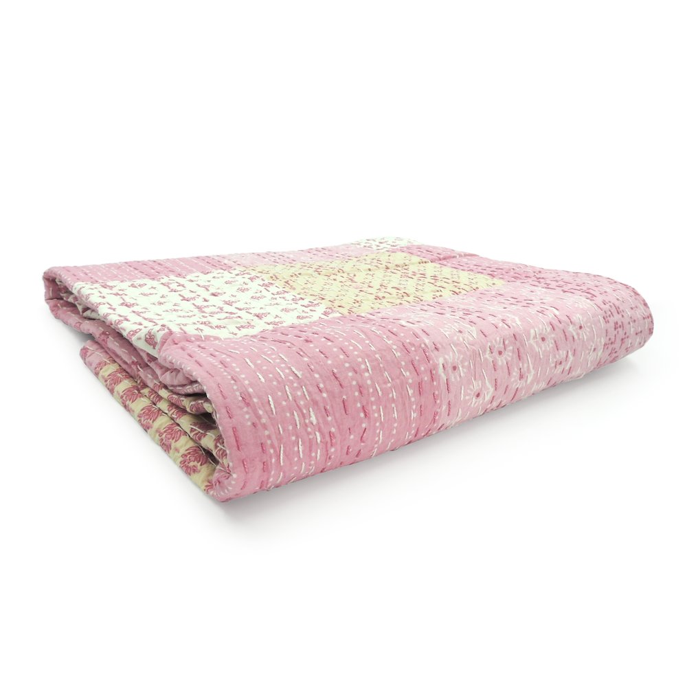 Light Pink Patchwork Hand-Stitched One-of-a-Kind Cotton Kantha Throw Blanket. Picture 3