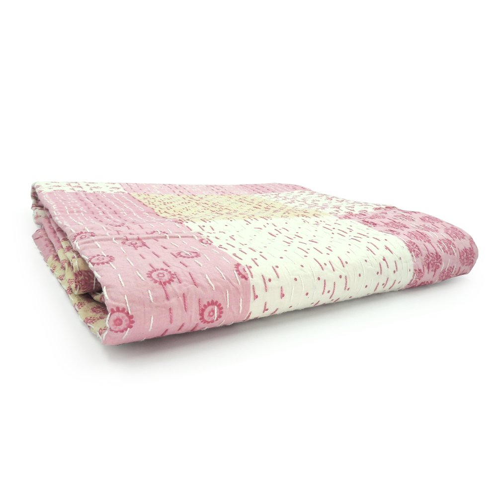 Light Pink Patchwork Hand-Stitched One-of-a-Kind Cotton Kantha Throw Blanket. Picture 4
