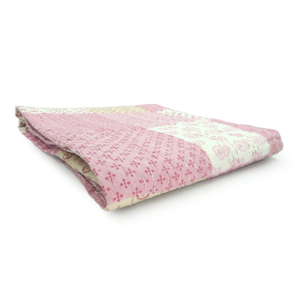 Light Pink Patchwork Hand-Stitched One-of-a-Kind Cotton Kantha Throw Blanket. Picture 5