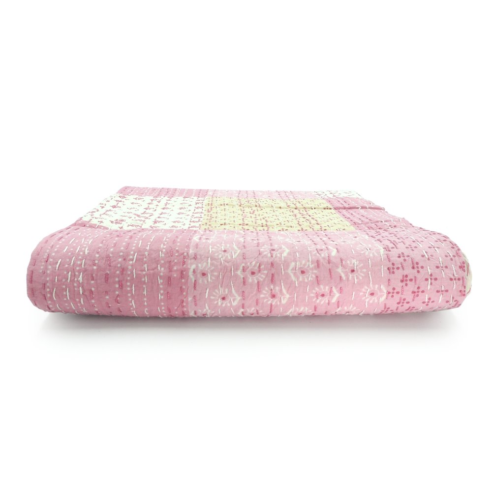 Light Pink Patchwork Hand-Stitched One-of-a-Kind Cotton Kantha Throw Blanket. Picture 6