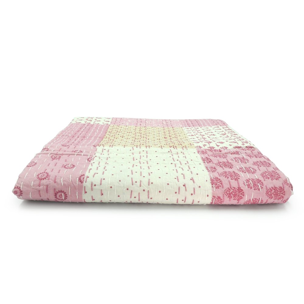 Light Pink Patchwork Hand-Stitched One-of-a-Kind Cotton Kantha Throw Blanket. Picture 7