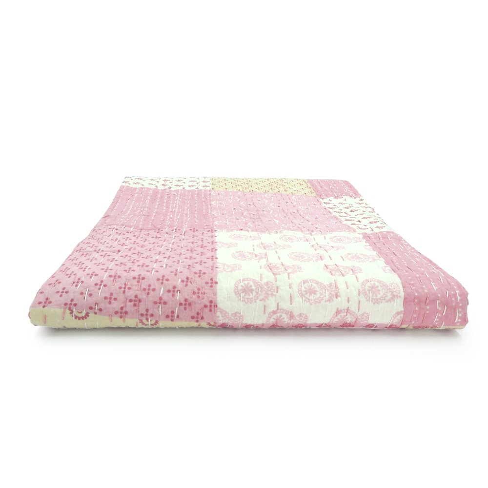 Light Pink Patchwork Hand-Stitched One-of-a-Kind Cotton Kantha Throw Blanket. Picture 10