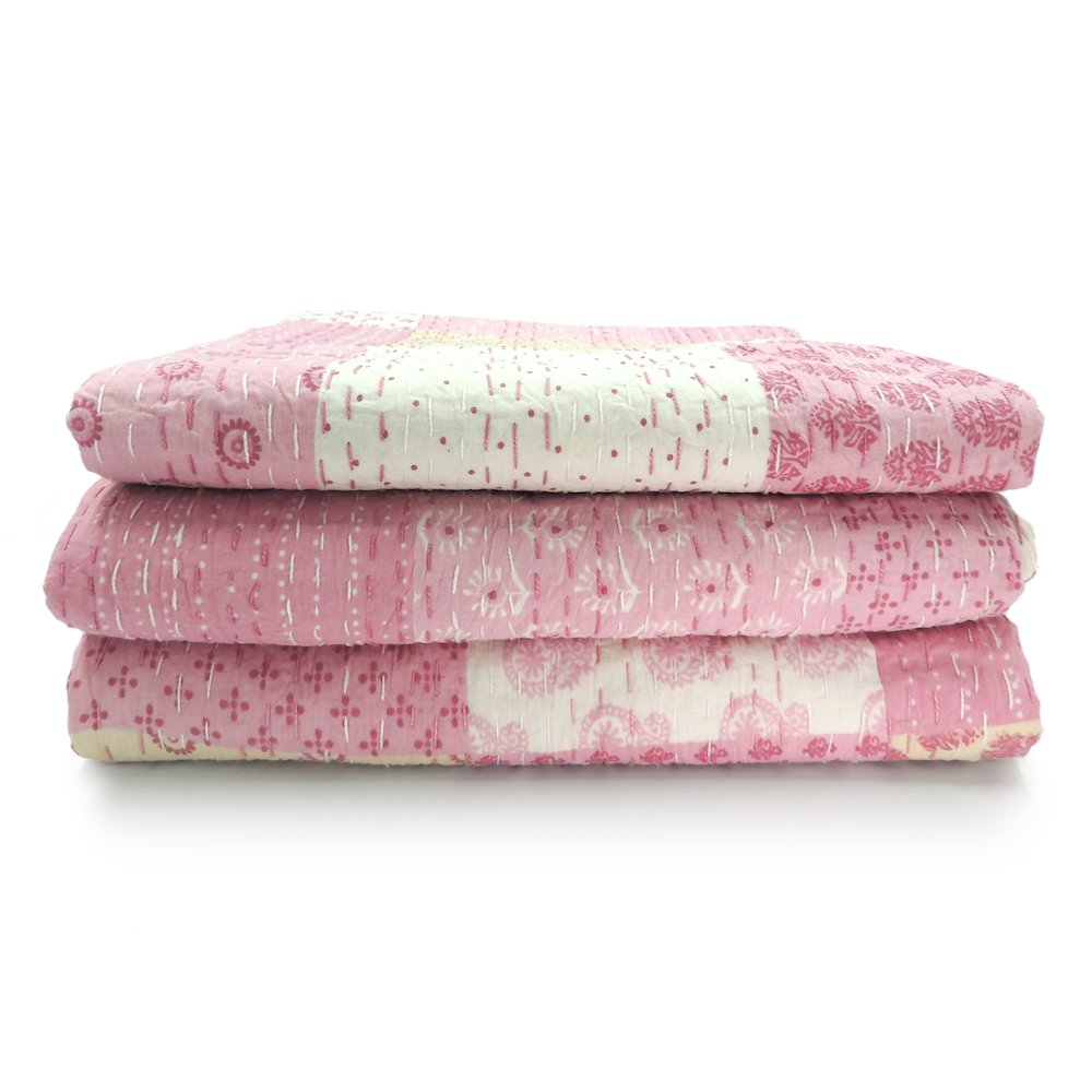 Light Pink Patchwork Hand-Stitched One-of-a-Kind Cotton Kantha Throw Blanket. Picture 8